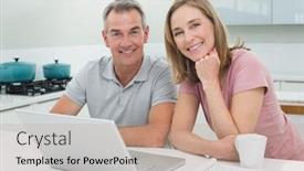  Presentation with kitchen - Theme having portrait of a happy couple using laptop in the kitchen at home background and a coral colored foreground