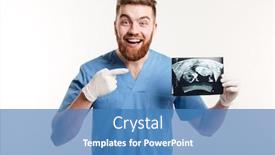  Presentation with male nurse - Amazing presentation design having portrait of a happy excited male medical doctor or nurse pointing finger at radiograph x-ray image isolated on white background backdrop and a teal colored foreground