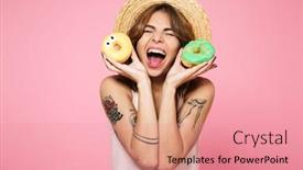  Presentation with donuts pink - Audience pleasing theme consisting of portrait of a happy excited girl in summer hat holding donuts and laughing isolated over pink background backdrop and a coral colored foreground