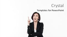  Presentation with space suit - Audience pleasing theme consisting of portrait of a happy excited businesswoman in a suit pointing finger up at copy space isolated over white background backdrop and a white colored foreground