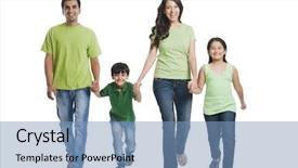  Presentation with holding hands family walking - Audience pleasing PPT theme consisting of portrait of a happy family backdrop and a teal colored foreground