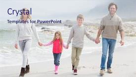  Presentation with full length portrait two men women brown sweater - Colorful presentation design enhanced with portrait of a happy family backdrop and a sky blue colored foreground