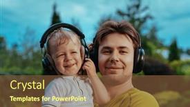  Presentation with headphones - Slide deck enhanced with portrait-of-a-happy-father background and a tawny brown colored foreground