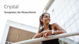  Presentation with rail - Slide set with portrait of a happy fitness woman leaning on a rail and looking away outdoors background and a white colored foreground