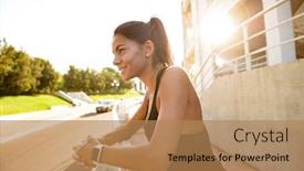 Presentation with rail - Colorful PPT theme enhanced with portrait of a happy fitness woman leaning on a rail and looking away outdoors backdrop and a coral colored foreground