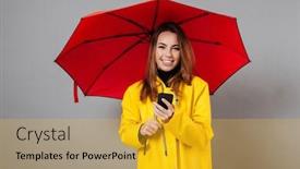  Presentation with umbrella - Presentation design enhanced with portrait of a happy girl dressed in raincoat looking at camera while standing with an open umbrella and holding mobile phone isolated over gray background background and a gold colored foreground