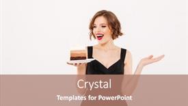  Presentation with happy birthday cake - PPT layouts featuring portrait of a happy girl holding plate with a piece of birthday cake isolated over white background background and a coral colored foreground