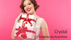  Presentation with girl in red dress - Slide set consisting of portrait of a happy girl background and a coral colored foreground