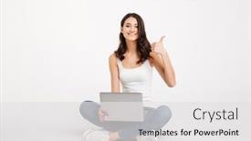  Presentation with tank - Cool new theme with portrait of a happy girl dressed in tank-top holding laptop while sitting on the floor and showing thumbs up gesture isolated over white background backdrop and a white colored foreground