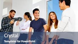  Presentation with people talking - Presentation theme enhanced with portrait of a happy group of people talking in hallway background and a ocean colored foreground