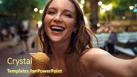  Presentation with eat - Colorful slide set enhanced with portrait of a happy laughing beautiful young ginger woman walking in nature green park outdoors take selfie by camera eat ice cream backdrop and a tawny brown colored foreground
