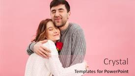  Presentation with pink rose - Presentation enhanced with portrait of a happy loving couple dressed in sweaters holding a rose and hugging isolated over pink background background and a lemonade colored foreground