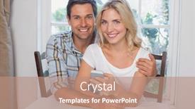  Presentation with text message - Colorful presentation enhanced with portrait of a happy loving young couple reading text message together at home backdrop and a coral colored foreground