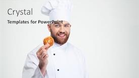  Presentation with cook chef - Audience pleasing slides consisting of portrait of a happy male chef cook holding pancake isolated on a white background backdrop and a white colored foreground