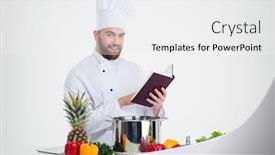  Presentation with cook chef - Theme having portrait of a happy male chef cook holding recipe book and preparing food isolated on a white background background and a white colored foreground