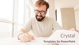  Presentation with home documents - Cool new presentation with portrait of a happy man working with documents while sitting at the table on a kitchen at home backdrop and a lemonade colored foreground