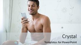  Presentation with smartphone - Theme featuring portrait of a happy man background and a sky blue colored foreground