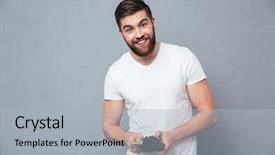  Presentation with money - Theme enhanced with portrait of a happy man background and a light gray colored foreground