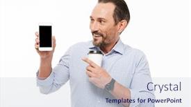 Presentation with man holding phone - Cool new presentation theme with portrait of a happy mature man dressed in shirt holding takeaway coffee cup while showing blank screen mobile phone isolated over white background backdrop and a sky blue colored foreground