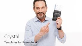 Presentation with passport - Cool new presentation theme with portrait of a happy mature man dressed in shirt pointing finger at passport isolated over white background backdrop and a white colored foreground