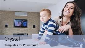  Presentation with living room - Slides having portrait of a happy mom background and a  colored foreground