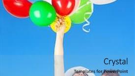  Presentation with balloons blue - Cool new PPT theme with portrait of a happy mother with little adorable son holding many colorful balloons over blue sky background with pleasure playing outdoors enjoying life backdrop and a light blue colored foreground