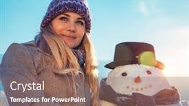  Presentation with snowman - Presentation theme with portrait of a happy nice female outdoors making a snowman traditional winter play time happy wintertime vacation background and a coral colored foreground