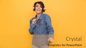  Presentation with yellow music - Audience pleasing slide deck consisting of portrait of a happy positive girl dressed in denim jacket listening to music with headphones while dancing and looking at camera isolated over yellow background backdrop and a yellow colored foreground