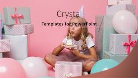  Presentation with pink birthday - PPT theme featuring portrait of a happy pretty little girl in a birthday hat celebrating while sitting in a pile of present boxes and holding cupcake isolated over pink background background and a lemonade colored foreground