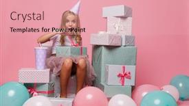  Presentation with pink birthday - Slides consisting of portrait of a happy shocked pretty little girl in a birthday hat celebrating while sitting in a pile of present boxes isolated over pink background background and a lemonade colored foreground