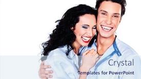  Presentation with young happy people smiling - Audience pleasing PPT layouts consisting of portrait of a happy smiling young people isolated over white background backdrop and a sky blue colored foreground