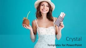  Presentation with passport - Audience pleasing slide deck consisting of portrait of a happy smiling young girl holding passport and travelling tickets and holding coconut cocktail drink isolated over blue background backdrop and a teal colored foreground
