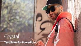  Presentation with wall street - PPT theme featuring portrait of a happy stylish afro american man in sunglasses listening music with mobile phone and earphones while leaning on a street wall background and a coral colored foreground