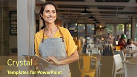  Presentation with coffee shop - Amazing slide deck having portrait-of-a-happy-waitress backdrop and a tawny brown colored foreground