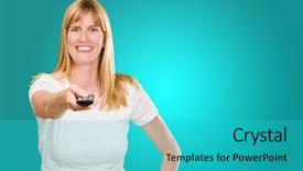  Presentation with control - PPT layouts with portrait of a happy woman holding remote control against a blue background background and a cyan colored foreground