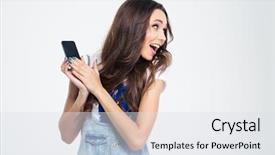  Presentation with microphone - Presentation consisting of portrait of a happy woman covering microphone on smartphone and looking away isolated on a white background background and a light gray colored foreground