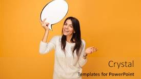  Presentation with bubble - Slide deck consisting of woman holding empty speech bubble background and a yellow colored foreground