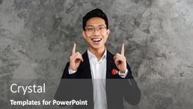  Presentation with space suit - Audience pleasing slides consisting of portrait of a happy young asian man dressed in suit pointing fingers up at copy space over gray background backdrop and a gray colored foreground