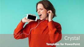  Presentation with blue music - Audience pleasing presentation consisting of portrait of a happy young woman dressed in sweater listening to music in earphones isolated over blue background backdrop and a crimson colored foreground