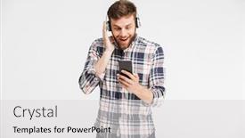  Presentation with man holding phone - Slides consisting of portrait-of-a-happy-young background and a light gray colored foreground