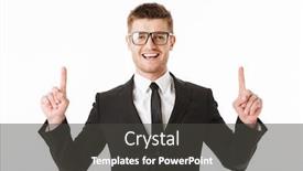  Presentation with space suit - Theme enhanced with portrait of a happy young businessman in suit and eyewear pointing fingers up at copy space isolated over white background background and a dark gray colored foreground