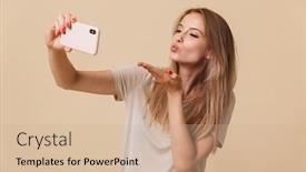  Presentation with kiss - Cool new PPT theme with portrait of a happy young girl taking a selfie and blowing kiss isolated over beige background backdrop and a coral colored foreground
