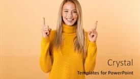  Presentation with space - PPT theme with portrait of a happy young woman dressed in sweater standing isolated over yellow background pointing up at copy space background and a gold colored foreground