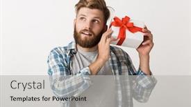  Presentation with man looking up happy - Cool new presentation theme with portrait of a happy young bearded man standing isolated over white background holding present box backdrop and a light gray colored foreground