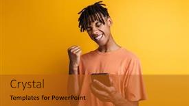  Presentation with man holding phone - Slide set enhanced with portrait-of-a-happy-young background and a crimson colored foreground