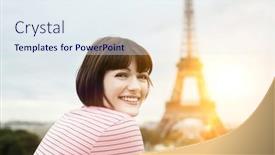  Presentation with eiffel tower - Audience pleasing presentation design consisting of portrait-of-a-happy-young backdrop and a sky blue colored foreground