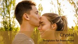  Presentation with couple kiss - Theme with portrait of a happy young couple in love and giving a kiss background and a gold colored foreground