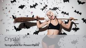  Presentation with confetti - Theme having portrait of a happy young woman in halloween cat costume posing with a broom over bats and confetti background background and a light gray colored foreground