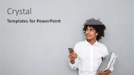  Presentation with man holding phone - Audience pleasing theme consisting of portrait of a happy young afro american man holding mobile phone and looking away at copy space while standing and holding binders isolated over gray background backdrop and a light gray colored foreground