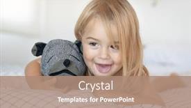  Presentation with baby toy - Cool new PPT layouts with portrait of a happy little baby boy having fun at home lying down on the bed with favourite soft toy and making faces enjoying childhood backdrop and a coral colored foreground